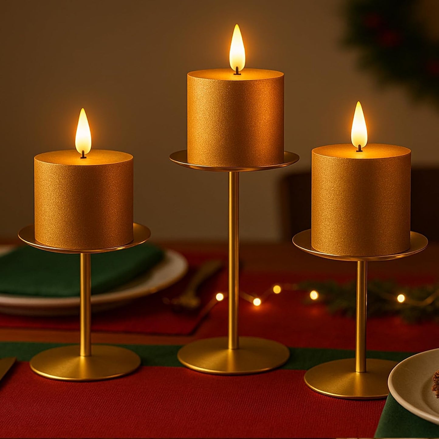 Smtyle Gold Metal Candle Holder Set - Elegant Pillar Candle Holders for Weddings | Minimalist Farmhouse Decor (Set of 3)
