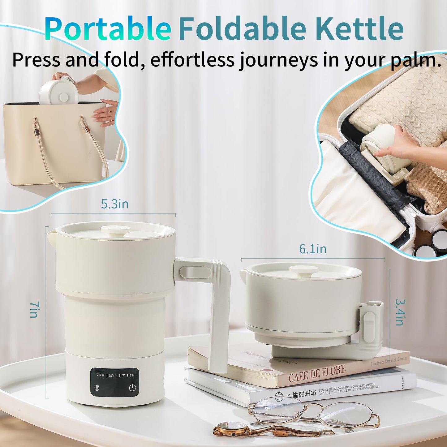 UPEZAN Travel Electric Kettle - Collapsible Portable Electric Kettle, 600W Foldable Small Water Boiler with 4-Temp Presets, Food Grade Silicone for Hotel, Office, Camping, 600mL, Beige