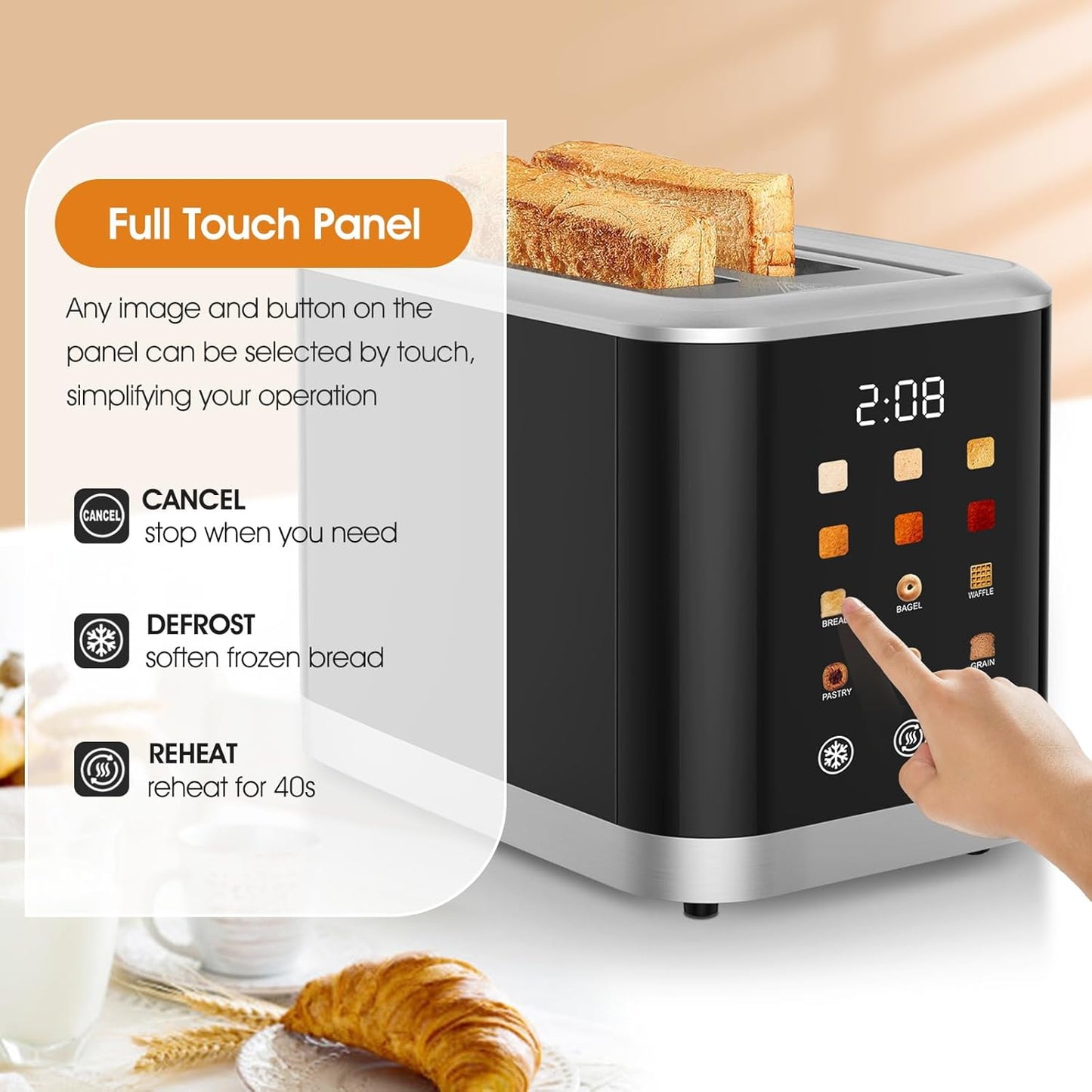 Skiennix 2-Slice Touch Screen Toaster - Digital Timer, 6 Bread Types & Shade Settings | Extra Wide Slots