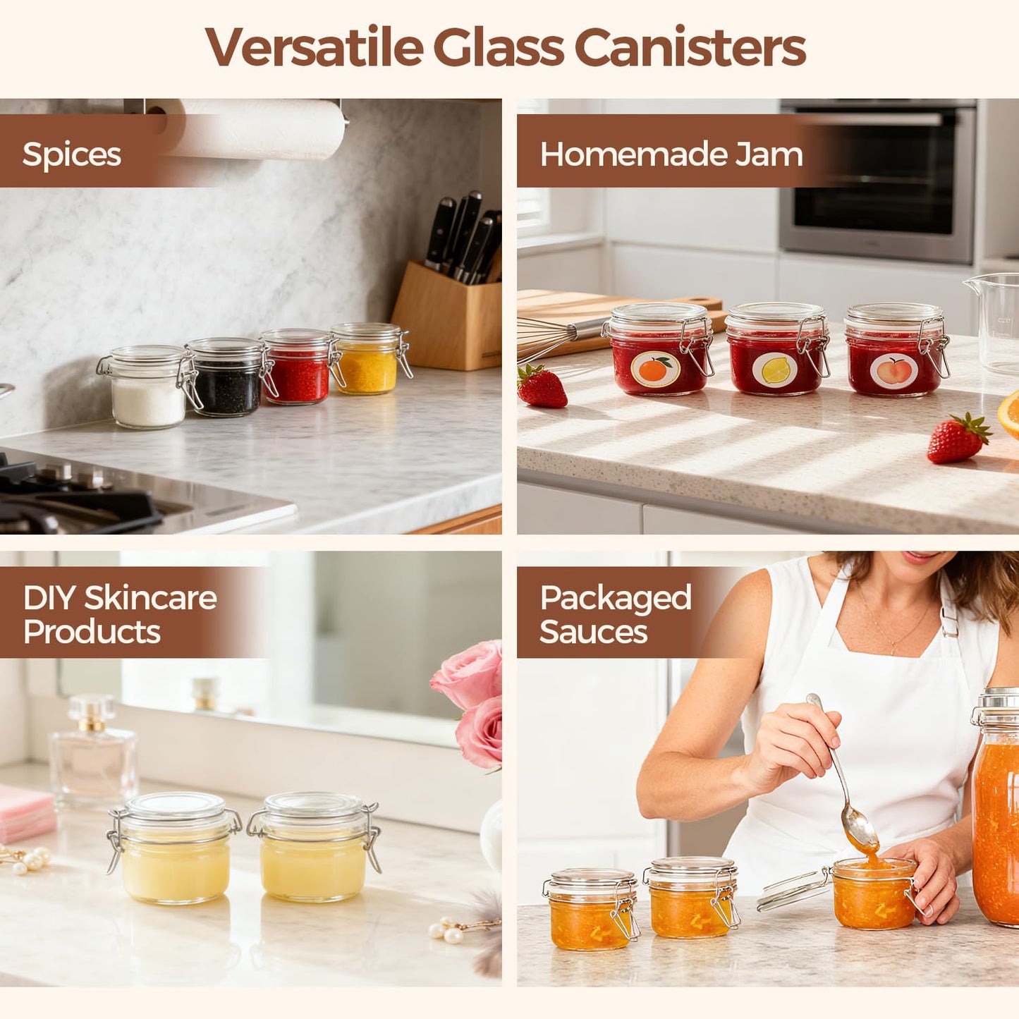ComSaf 4oz Glass Spice Jars with Airtight Lids (Set of 6), Small Wire Clamp Mason Jars for Herbs, Honey, Jam & DIY Wedding Favors, 120ml Mini Glass Canisters for Pantry & Kitchen Organization