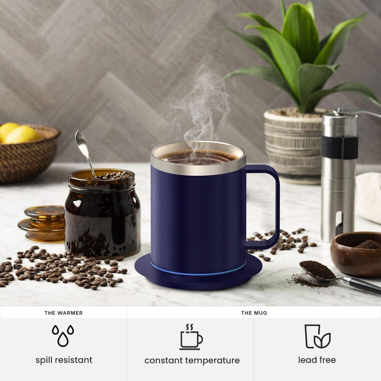 YIMUBREEZ Smart Temperature Control Coffee Mug for Desk,Heated Cup with 10Hrs Auto Shut Off, USB Powered Mug Warmer Set (12oz-Royal Blue)