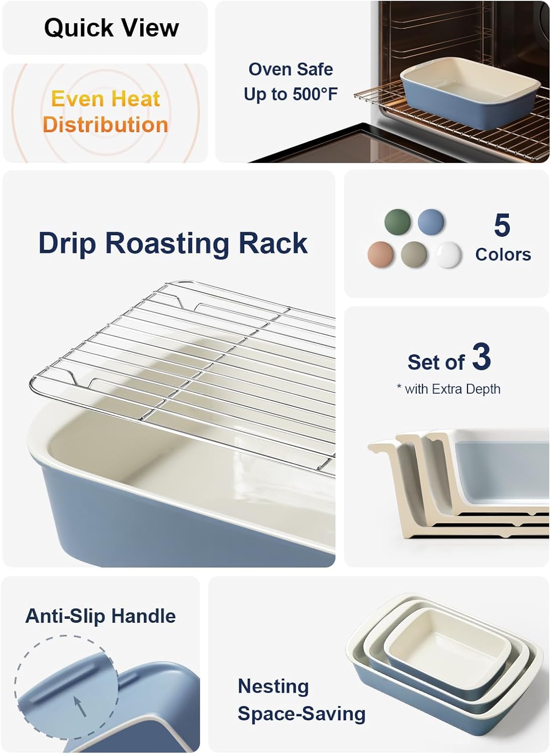 LE TAUCI Ceramic Baking Dish Set - Deep Casserole Dishes with Roasting Racks | Dusty Blue, 3-Piece Set (4.6QT/3.0QT/1.6QT)