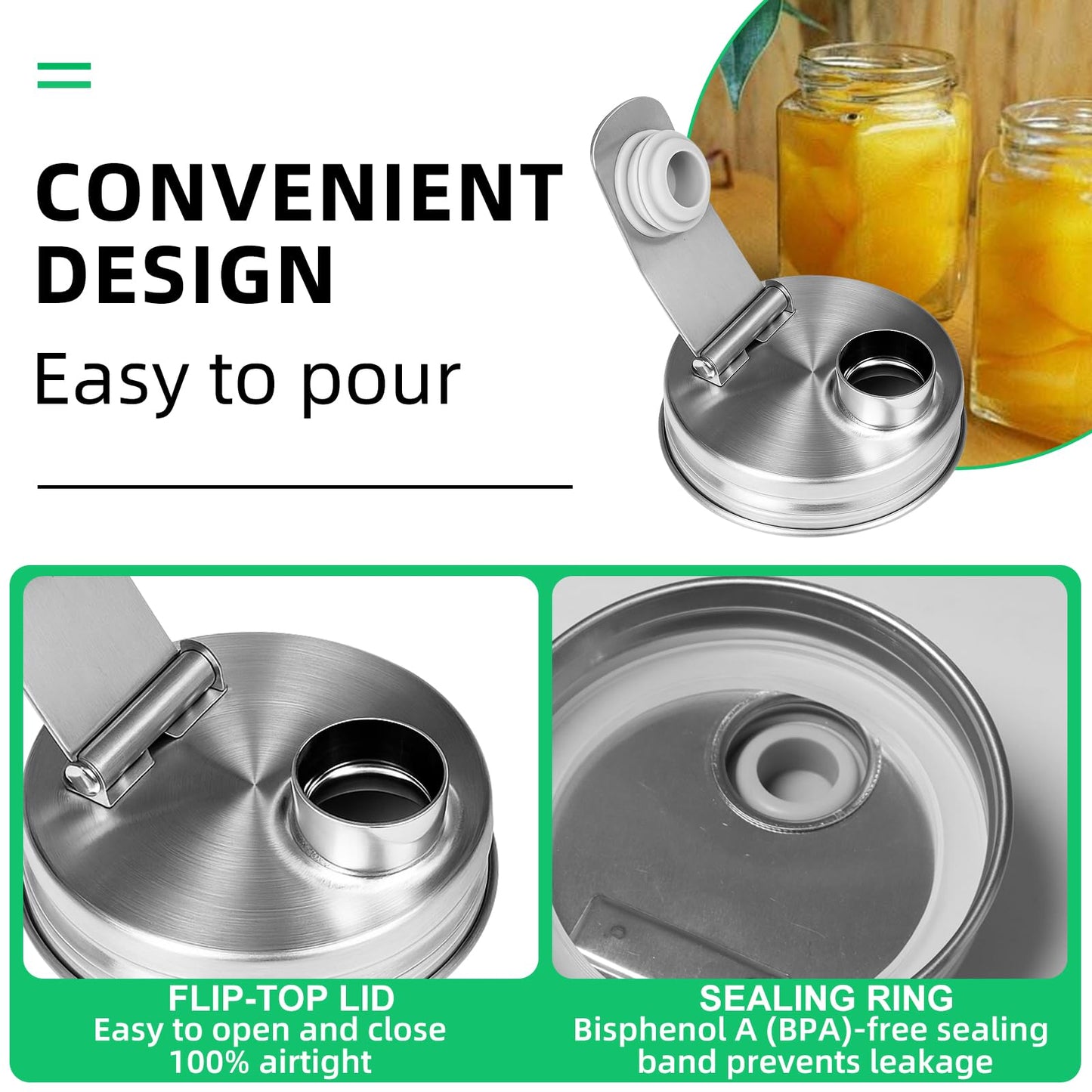 Mason Jar Pour Spout Lid Stainless Steel, 70MM Mason Jar Drinking Lids,Anticracking Leak Proof Seal Cover Airtight for Drinking Salad Dressing & Food Storing (2PCS)