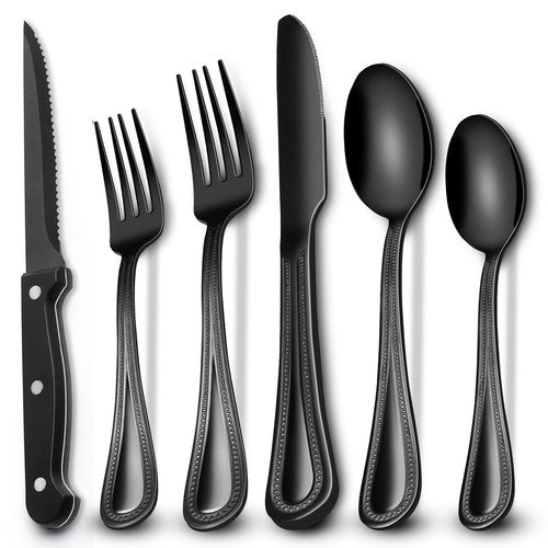 EWFEN 24-Piece Black Silverware Set with Steak Knives, Black Flatware Set for 4, Food-Grade Stainless Steel Tableware Cutlery Set, Mirror Finished Utensil Sets for Home Restaurant, Pearled Edge
