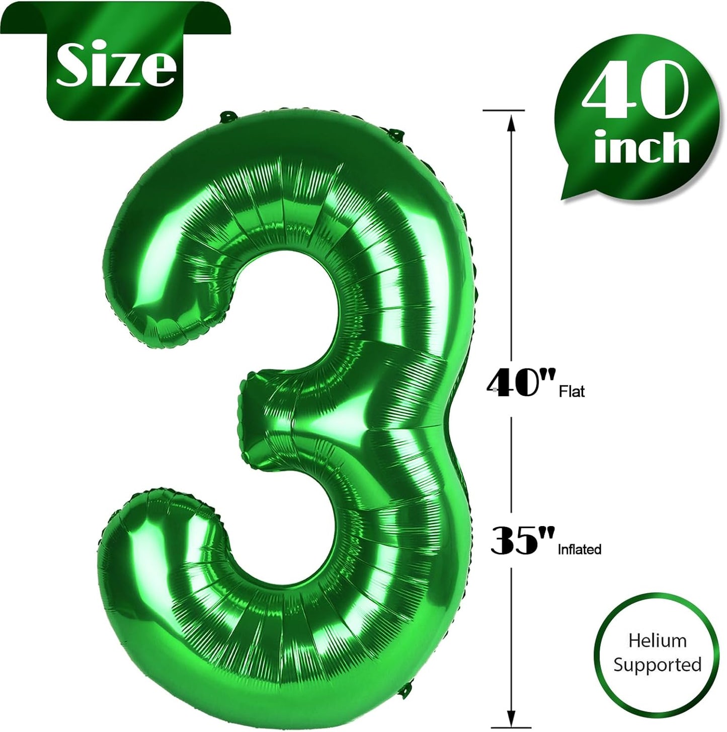 Number 3 Balloon - 40 Inch Green Birthday Decoration for Kids & Adults | St. Patrick's Day Party Supplies