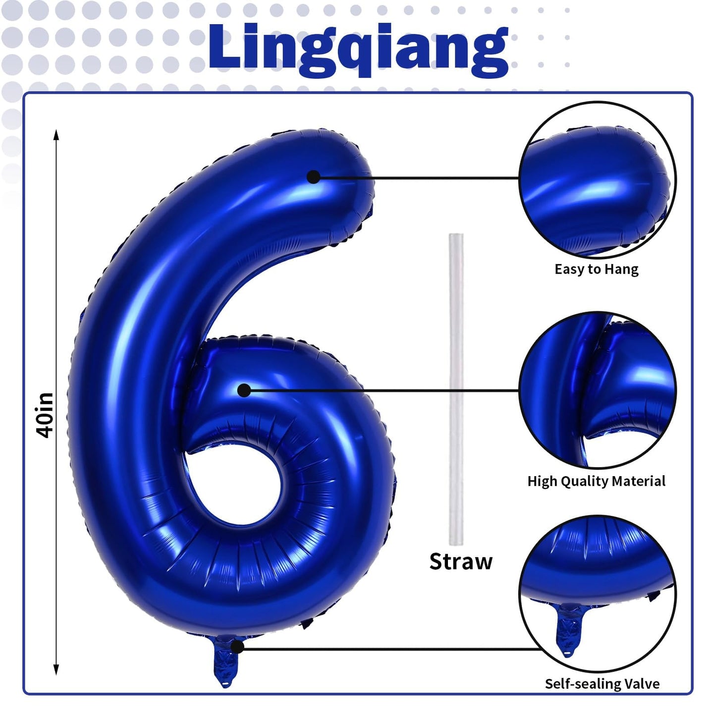 Navy Blue Number 6 Balloon, 40In Large Royal Blue Foil Number Balloons Set 0-9 for Men, Self Inflating Dark Blue Digital 6 Helium Balloon for Boys 6th Birthday Anniversary Party Decoration Supplies