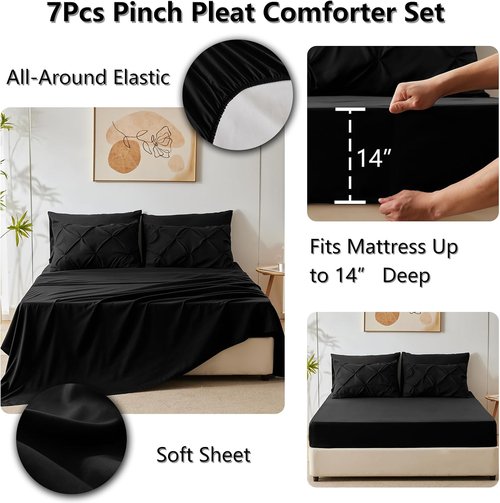 CozyLux Queen Comforter Set - 7-Piece Pintuck Bedding in Black | Premium Queen Size with Sheets & Pillowcases