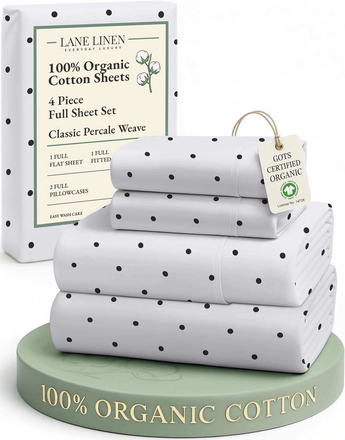 LANE LINEN 100% Organic Cotton Full Sheet Set - Soft, Comfy, Eco-Friendly Percale Bedding | Polka Dot Design