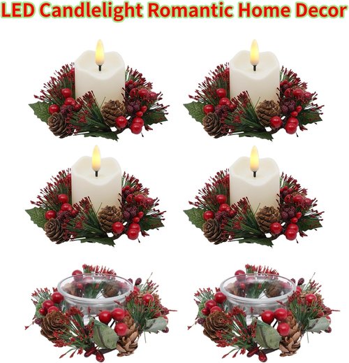 GN11848-6 Candle Rings Set of 6 | Christmas Wreaths with Red Berries & Pinecones for Festive Decor