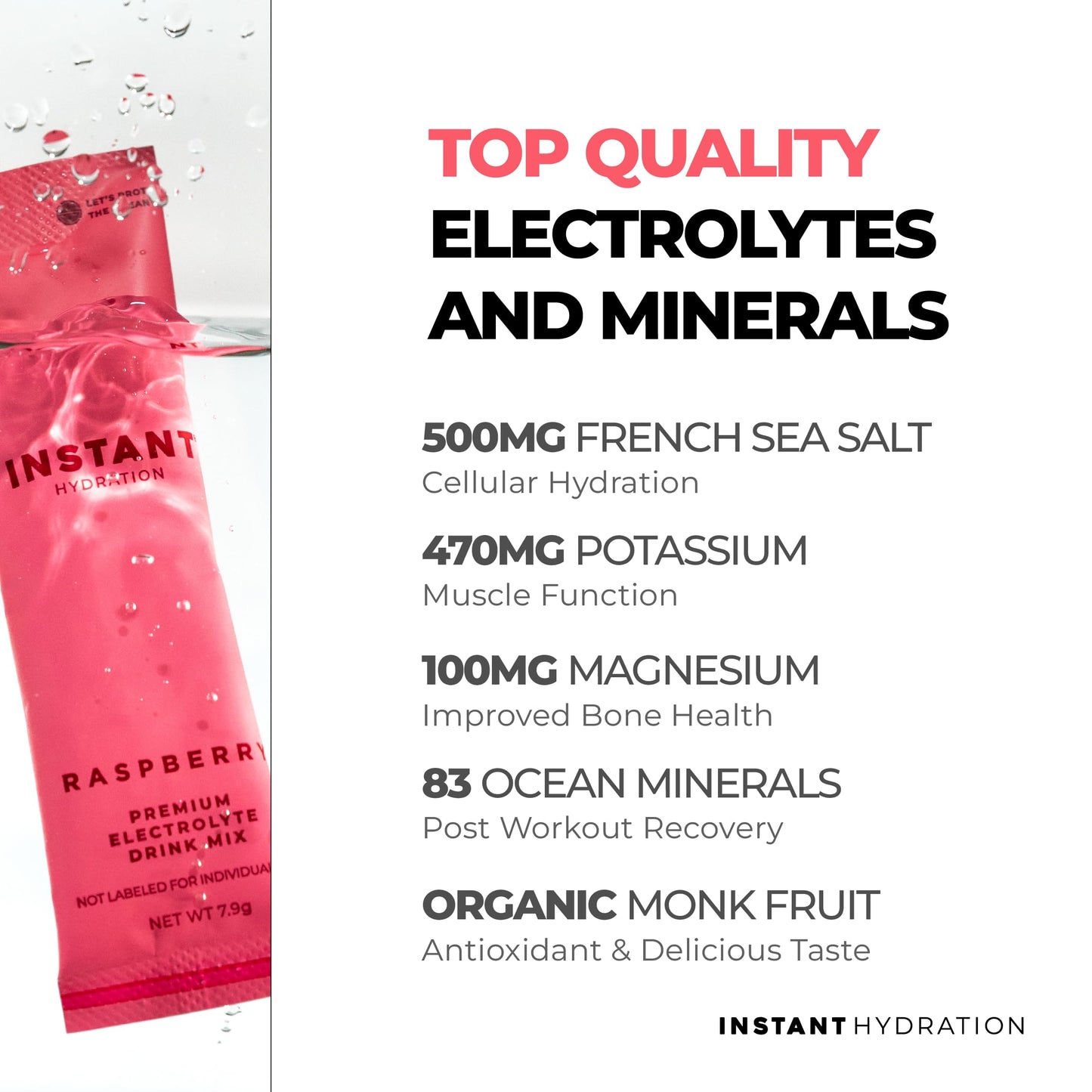 Instant Hydration Electrolytes Powder Packets - Raspberry Electrolyte Drink Mix - Zero Sugar - Keto, Vegan, Gluten-Free, Non-GMO - Boost Recovery, Brain Health, Muscle & Tissue Support- 30 Sticks