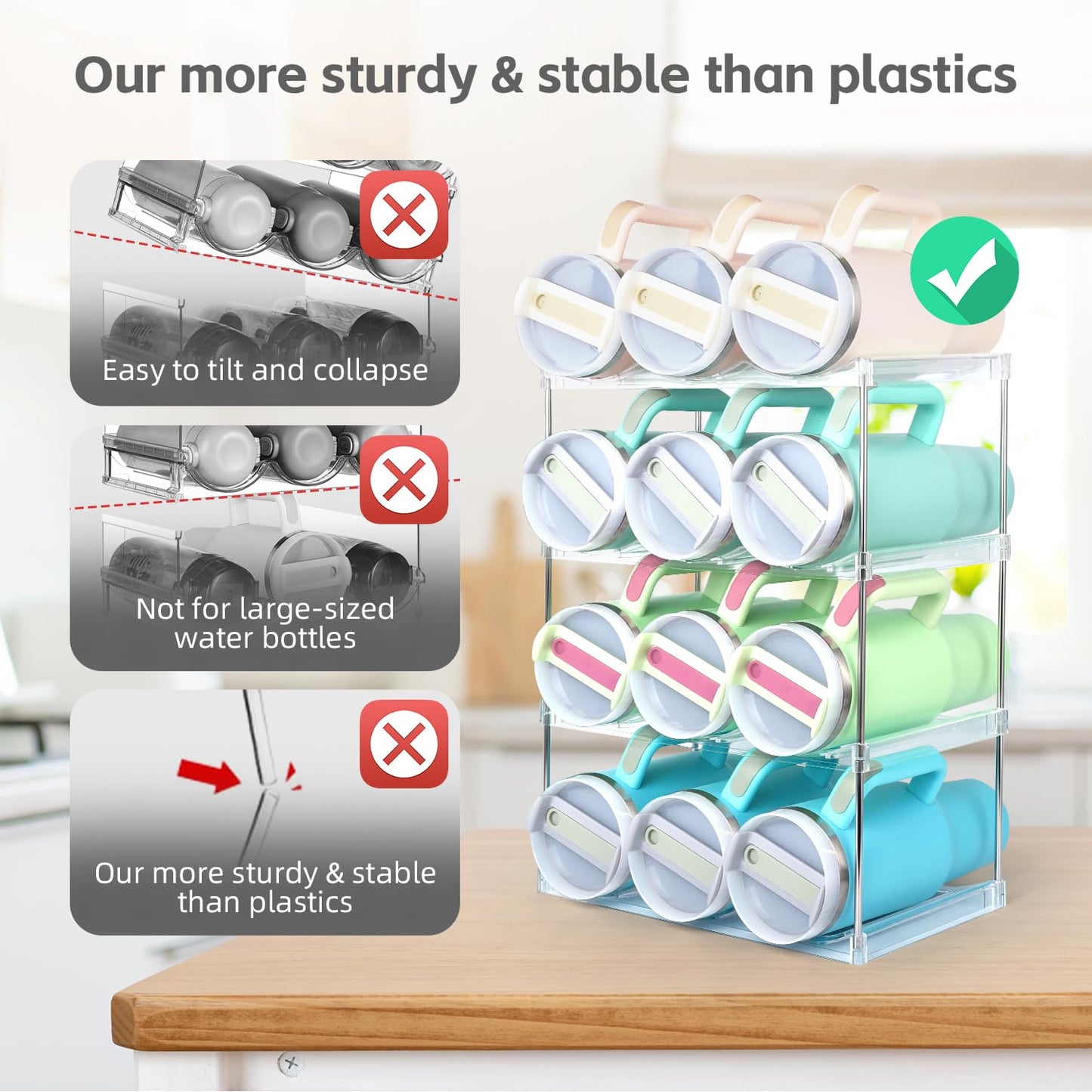 TIDY SAVANT Water Bottle Organizer Holder for Stanley 40 oz Tumbler, Stackable Tumbler Organizer - Cabinet Organizer, Kitchen Storage Organization for Accessories(4 Tier - Hold 12)