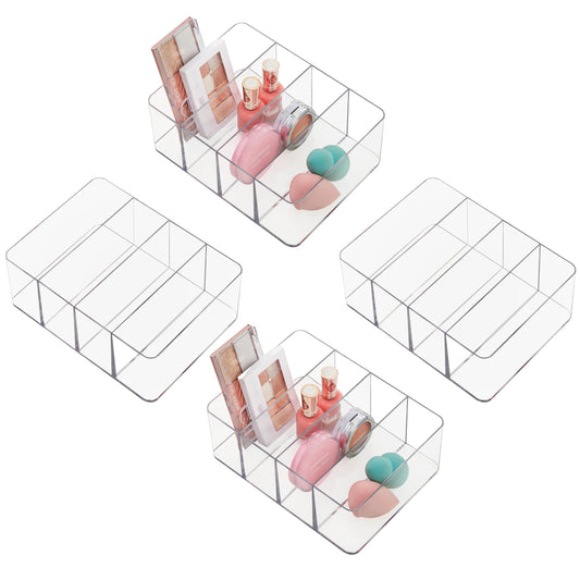 STORi 4-Compartment Clear Plastic Organizers (Set of 4) Rectangular Divided Makeup and Vanity Storage Bin, Use Upright for Eyeshadow Palettes, Made in USA