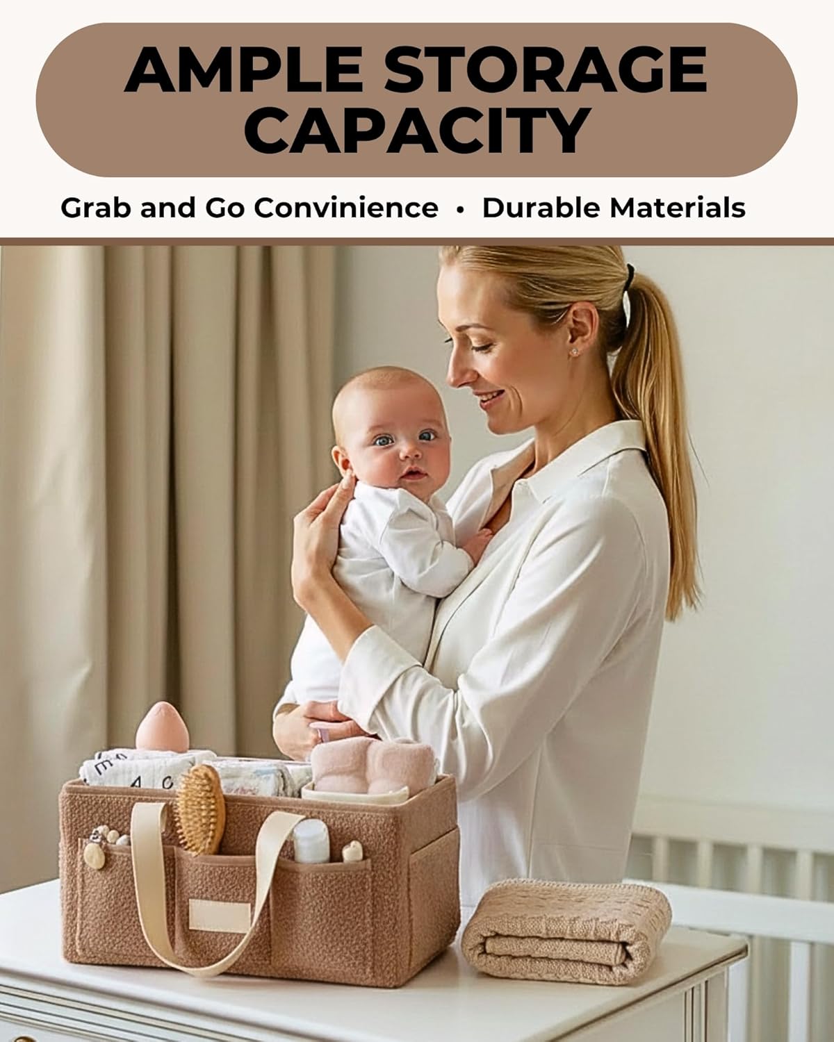 Skiennix Baby Diaper Caddy Organizer - Portable Changing Mat & Removable Dividers - Teddy Fleece Design