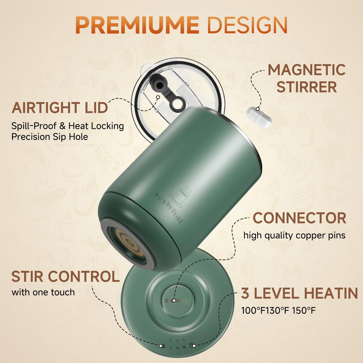 YesWhat Self Stirring Mug, Self Heating Coffee Mug with Smart Temperature Control 10oz, Electric Warming Cup, Detachable Base, Auto Shut Off, for Mom, Wife, Grandma