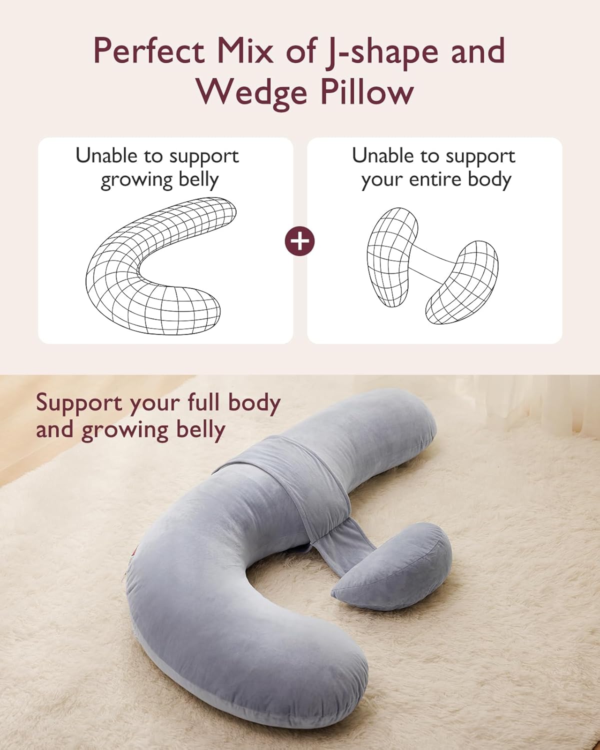 Momcozy Pregnancy Pillow - Original F Shaped Maternity Pillow with Adjustable Wedge | Full Body Support, Grey Velvet Cover