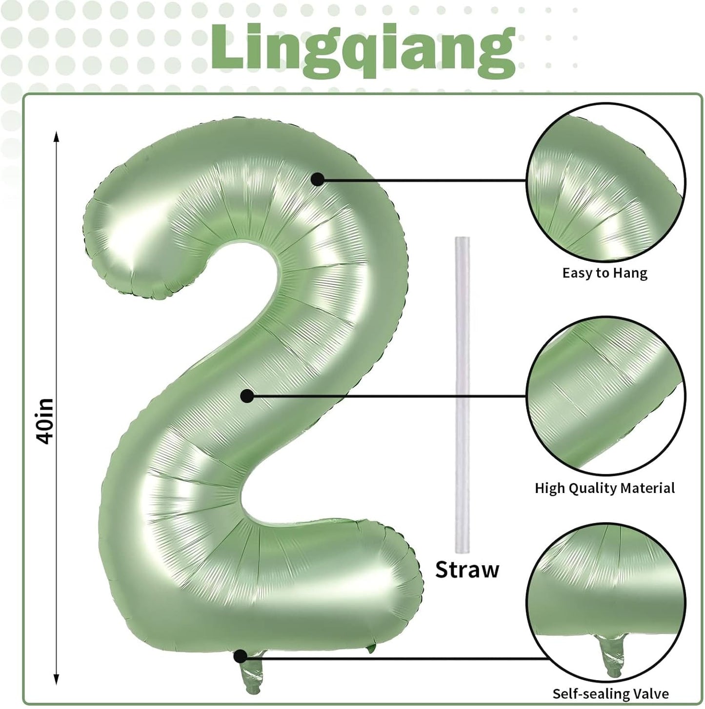 Skiennix 40" Sage Green Number 2 Balloon - Large Foil Helium Balloon for Birthday & Graduation Celebrations