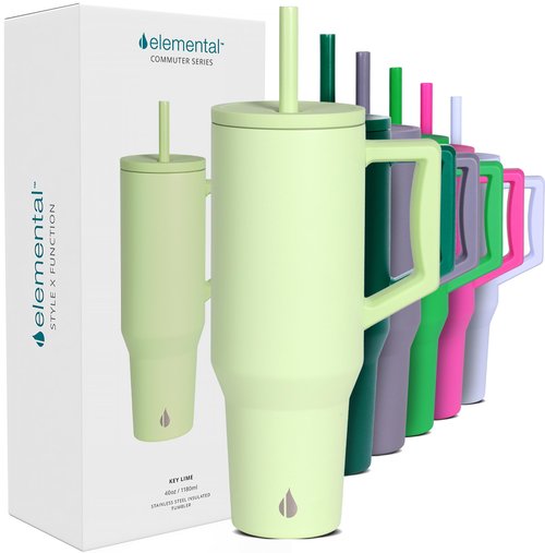 Elemental 40 oz Tumbler with Handle and Straw - Spill Proof Insulated Stainless Steel Commuter for Cold Beverages - Travel Coffee Mug with 2 Straws & Spill Proof Lid - 40oz - Key Lime