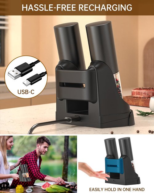 CIRCLE JOY Electric Salt and Pepper Grinder Set - USB Rechargeable with LED Light & Adjustable Coarseness