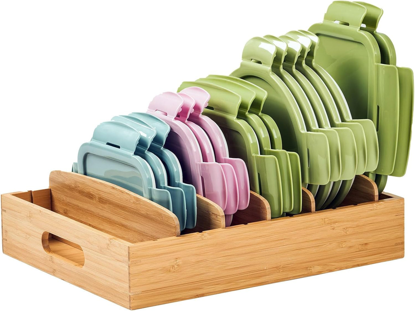 Umilife Kitchen Cabinet Organizer - Adjustable Bamboo Drawer Caddy for Food Storage Container Lids