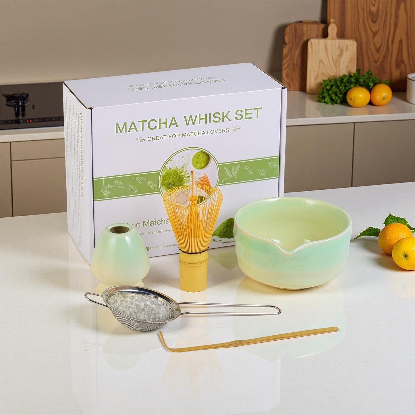 Matcha Whisk Set, 5pcs Japanese Ceremony Matcha Tea Kit Includes Ceramic Matcha Bowl with Spout, Bamboo Whisk & Holder, Traditional Scoop, Stainless Sifter, Gift for Matcha Lovers Beginner