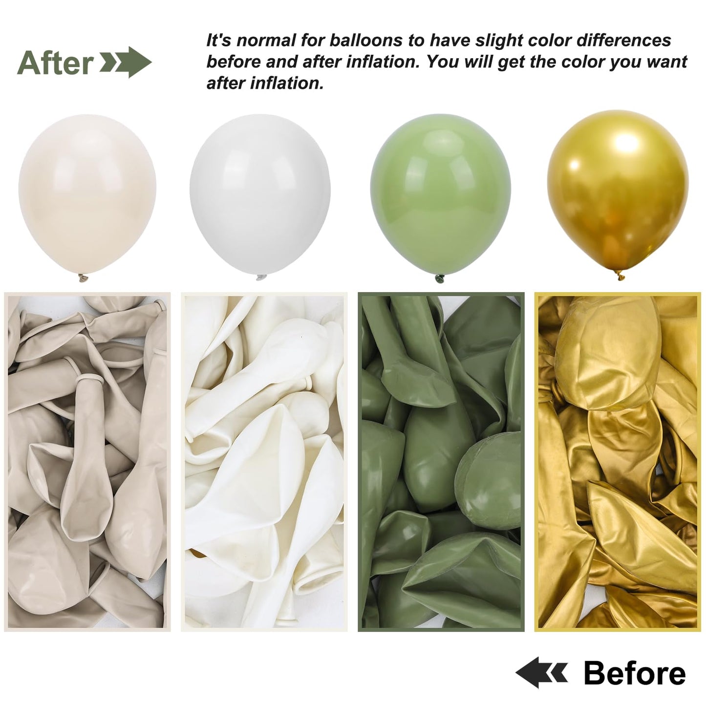 RUBFAC Sage Green White Gold Balloon Garland Arch Kit 129pcs Different Sizes Pack of 18 12 10 5 Inch, Latex Sand White Cream Confetti Gold Balloon Garland Arch Kit for Birthday Engagement Wedding