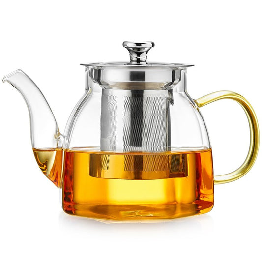 Glass Tea Pot with Stainless Steel Infuser and Lid (Octagonal), Clear Glass Teapot, Borosilicate Hydrochloric Glass Heat Resistant, Fine Glass Filter for Flower Tea, Tea Bags (27 oz / 800 ml)