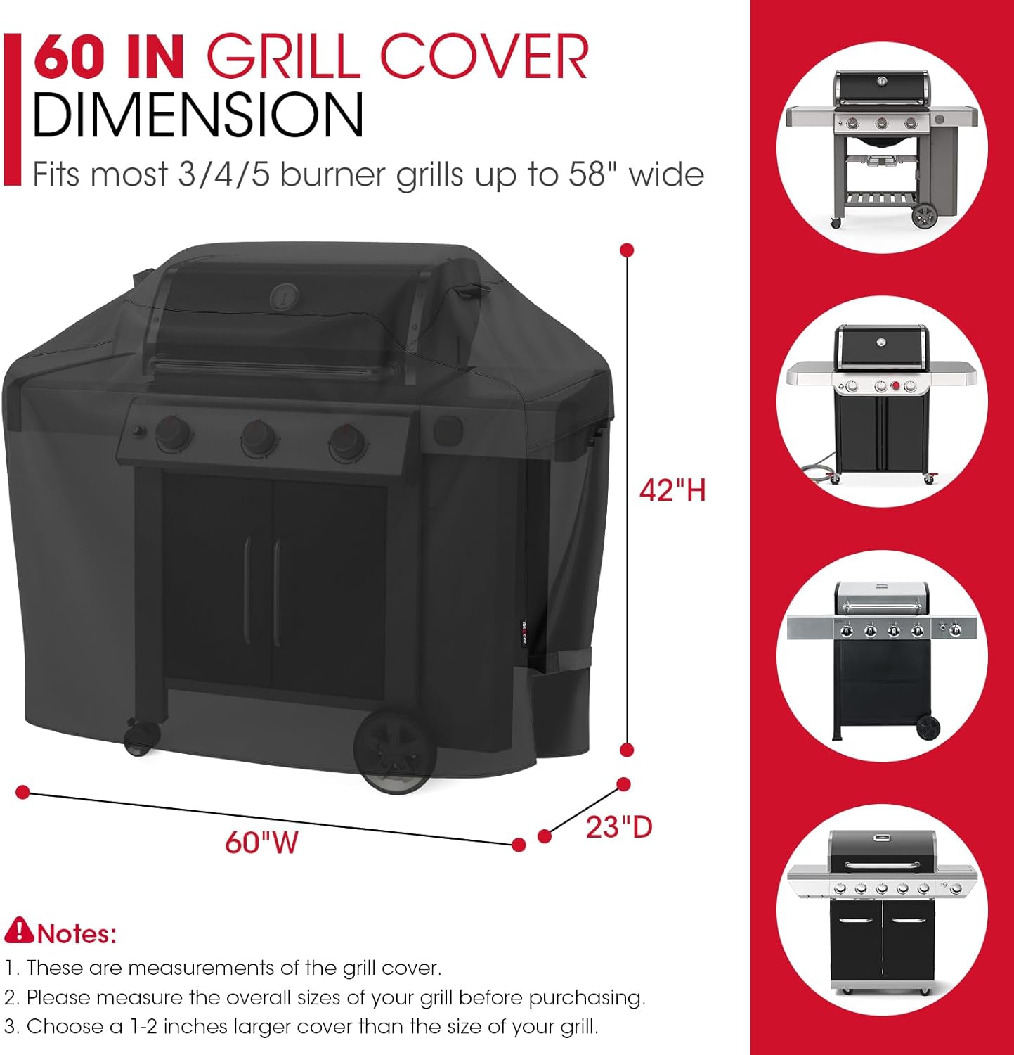 Unicook Grill Cover - 60 Inch Heavy Duty Waterproof Protector for Weber & Char-Broil BBQs