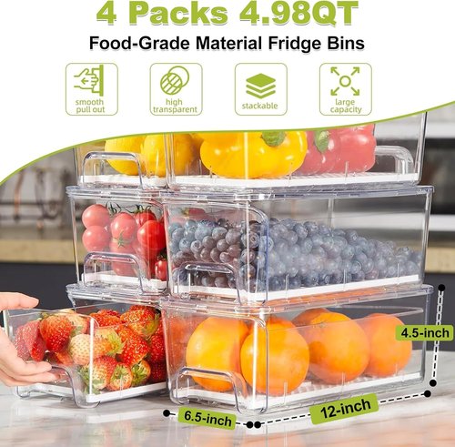 Clear Refrigerator Drawer Organizer Bins by [Brand Name] - 4-Pack Stackable Storage for Fruits, Vegetables & Snacks