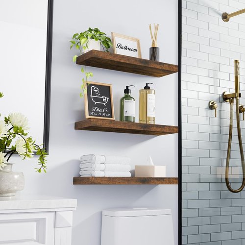 BAYKA Floating Bathroom Shelves - Rustic Wood Over Toilet Decor | Set of 3, Farmhouse Style, Rustic Brown