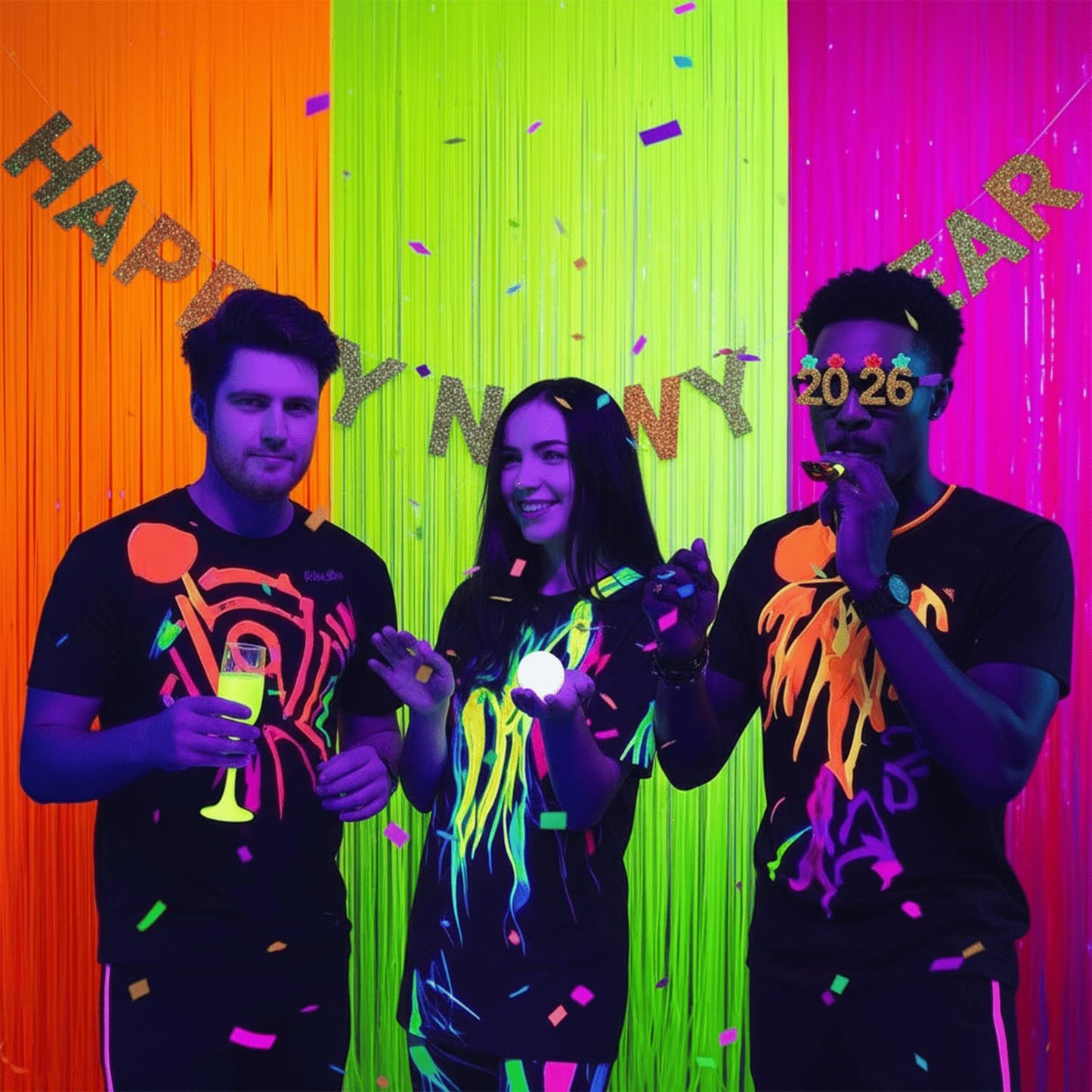 Mega-L Glow in The Dark Party Supplies, 3 Pack Neon Party Decorations 9.9 x 6.6 ft Fluorescent Tinsel Foil Fringe Curtains, Neon Backdrop Streamer for Birthday, Weeding, New Years Eve Party Supplies