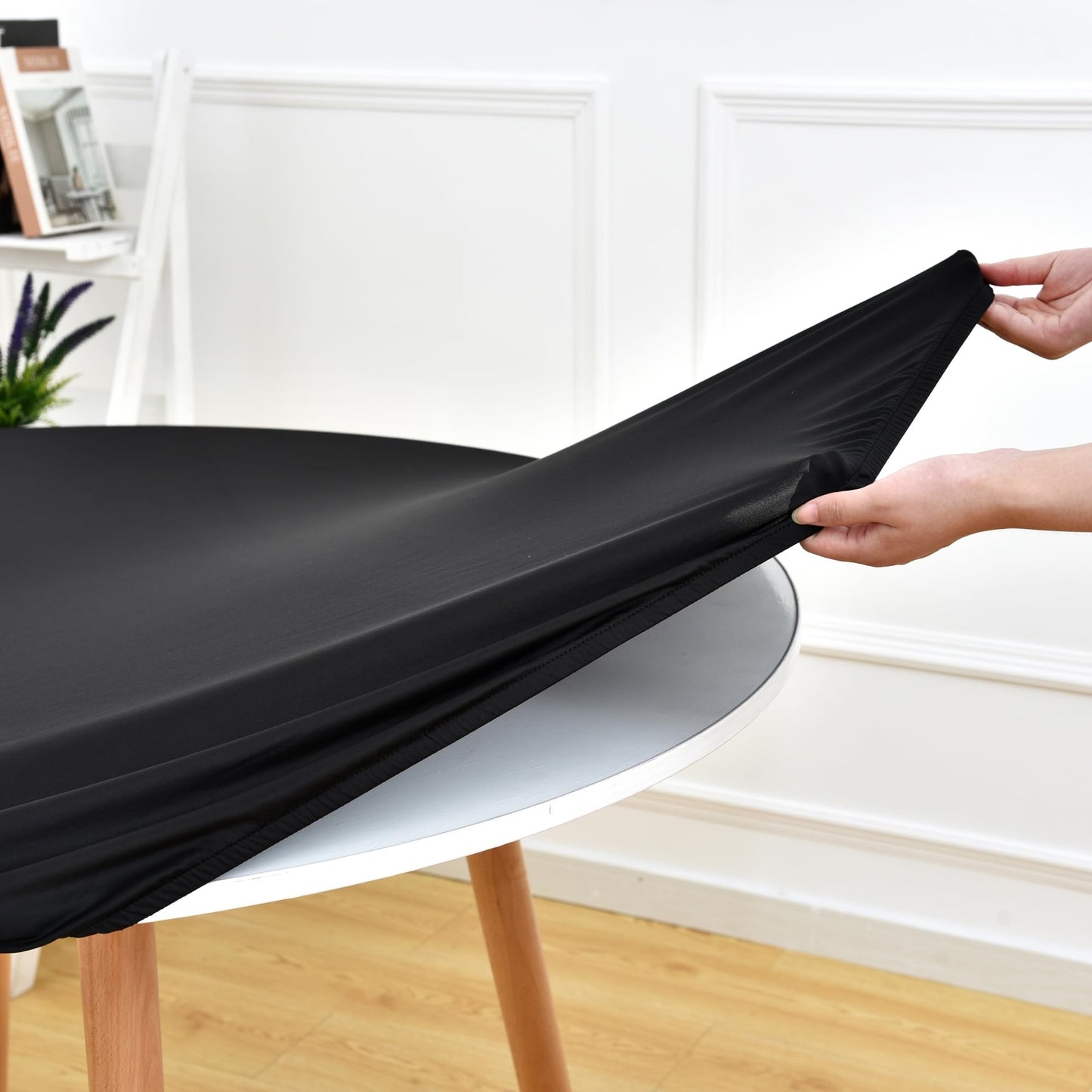 Monibana Fitted Tablecloth with Elastic Edged for Round Tables, Spandex Stretch Table Cover 48 Inch for Home Dining Picnic Party, Black