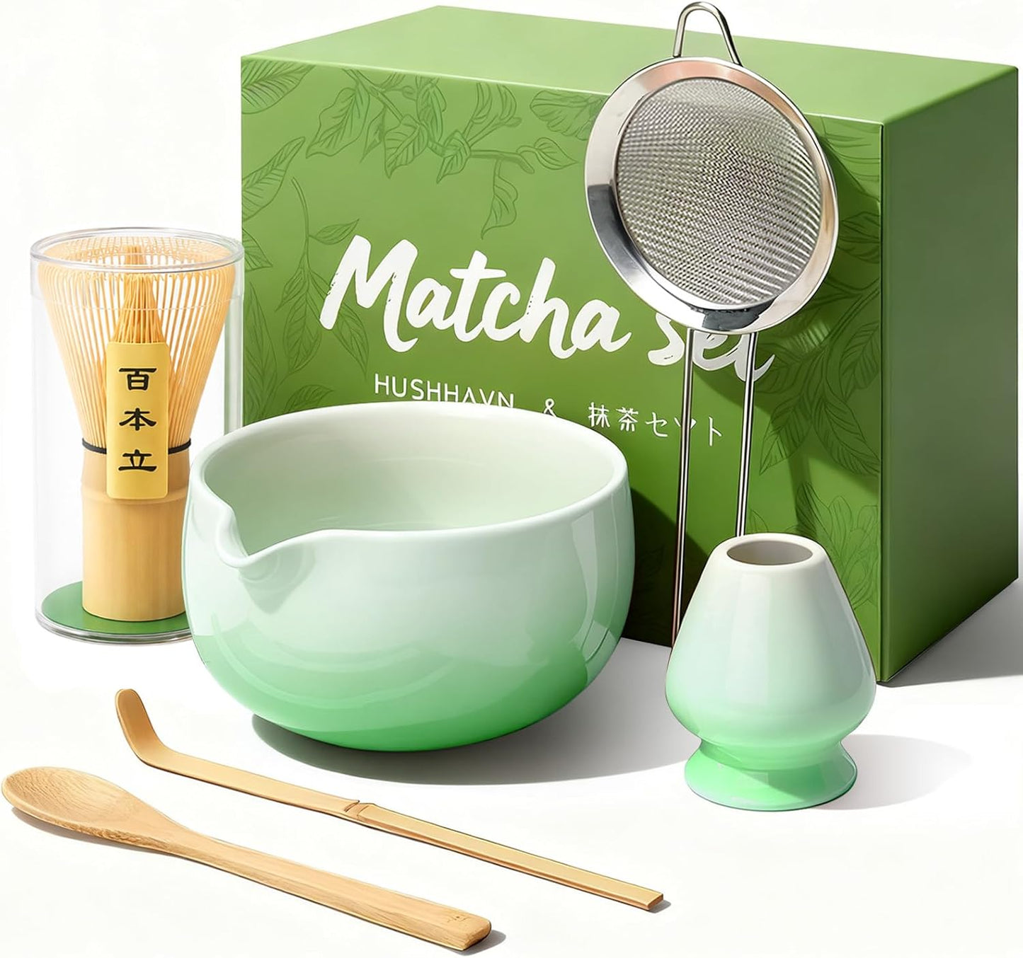 Skiennix Matcha Whisk Set - Complete 6PCS Ceramic Kit with Bamboo Whisk, Bowl, and Sifter | Green