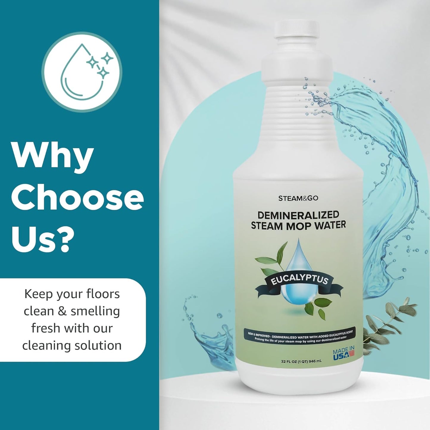 Steam & Go Demineralized Water | Ready-to-Use Eucalyptus Mint Steam Cleaner Solution, 32 oz