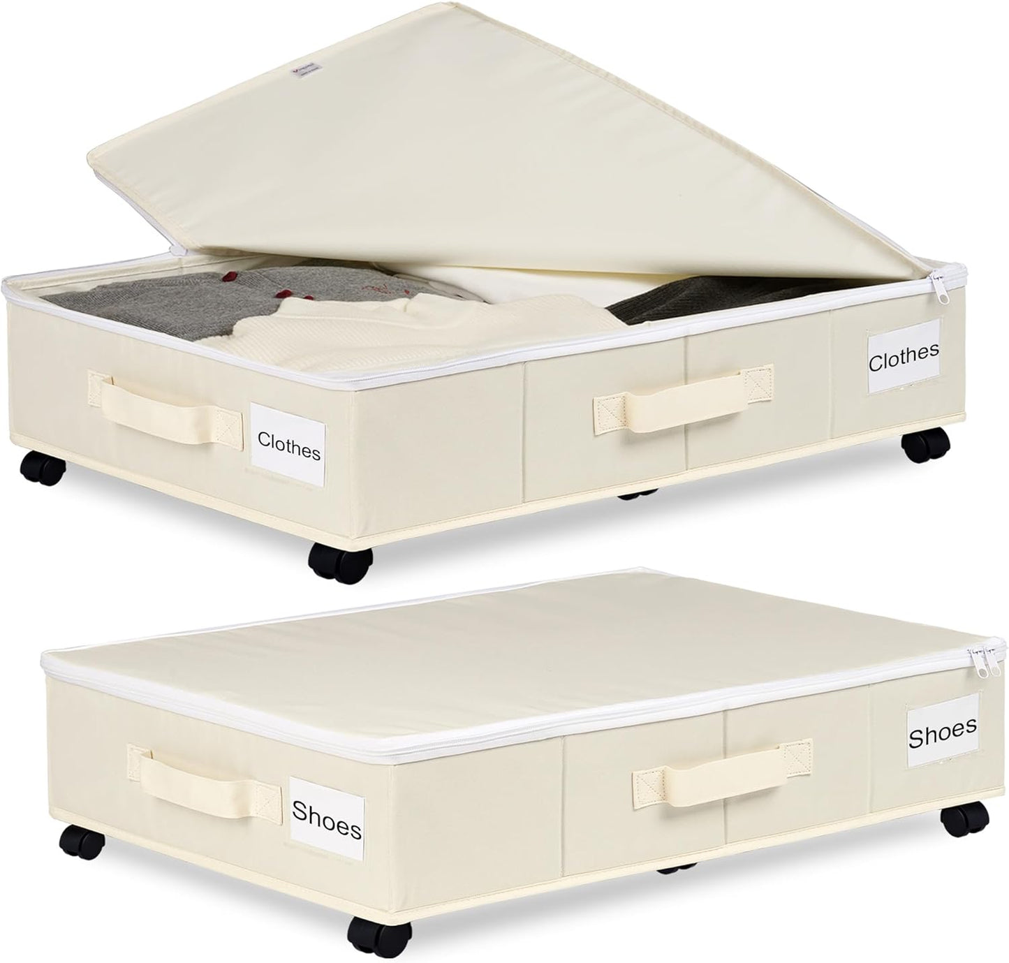 Vincona Under Bed Storage Containers - 2 Pack Rolling Organizers with Label Holders for Clothes & Shoes | Beige (30.71"x15.7"x7.28")