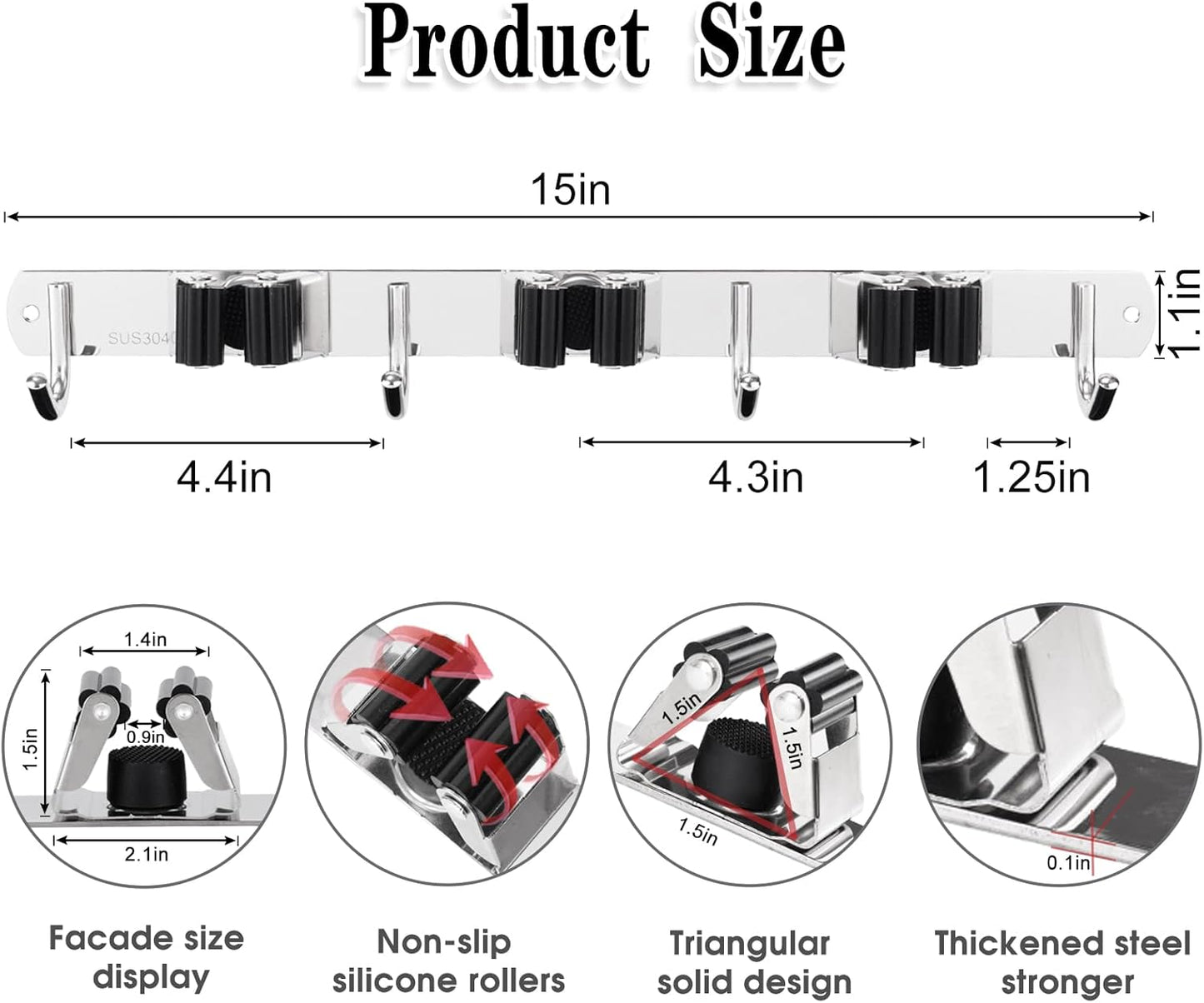 Regine Switzerland Wall-Mounted Broom & Mop Holder - Heavy-Duty Stainless Steel Organizer | 5 Racks & 4 Hooks