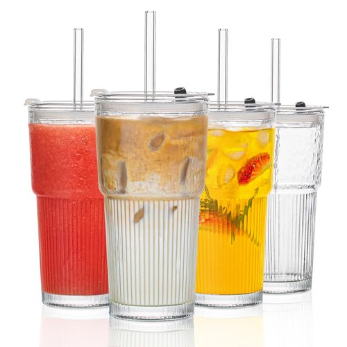 INSETLAN 530ml Glass Cups with Straws & Straw Cleaner, Set of 4, Clear Ribbed Drinking Glasses with Plastic Lids for Water, Juice, Iced Coffee & Smoothies, Dishwasher Safe