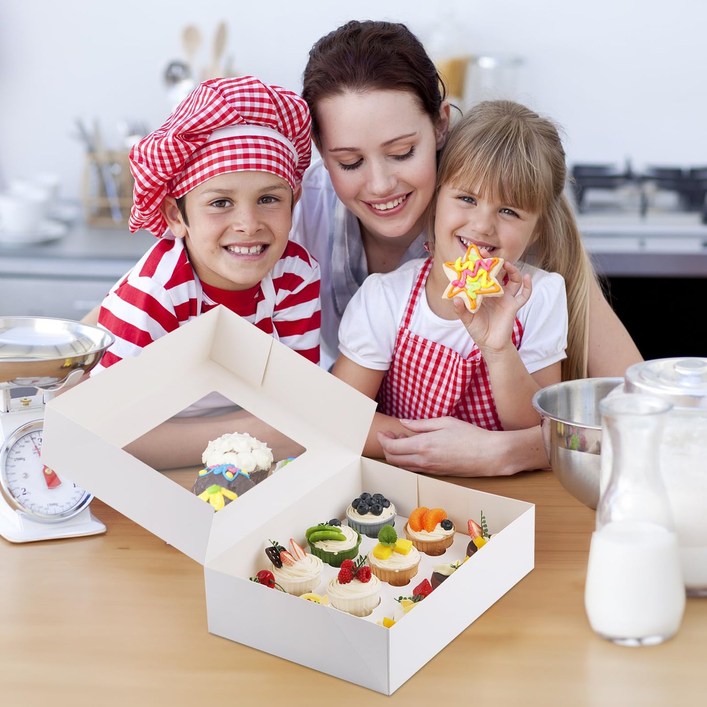 Svalor Cupcake Boxes, 4 Pack Disposable Cupcake Containers, Food Grade Cupcake Carrier 12 Count with Window and Inserts, Cupcake Transport Holders Bulk for Muffins Cookies Treats Dessert（White）