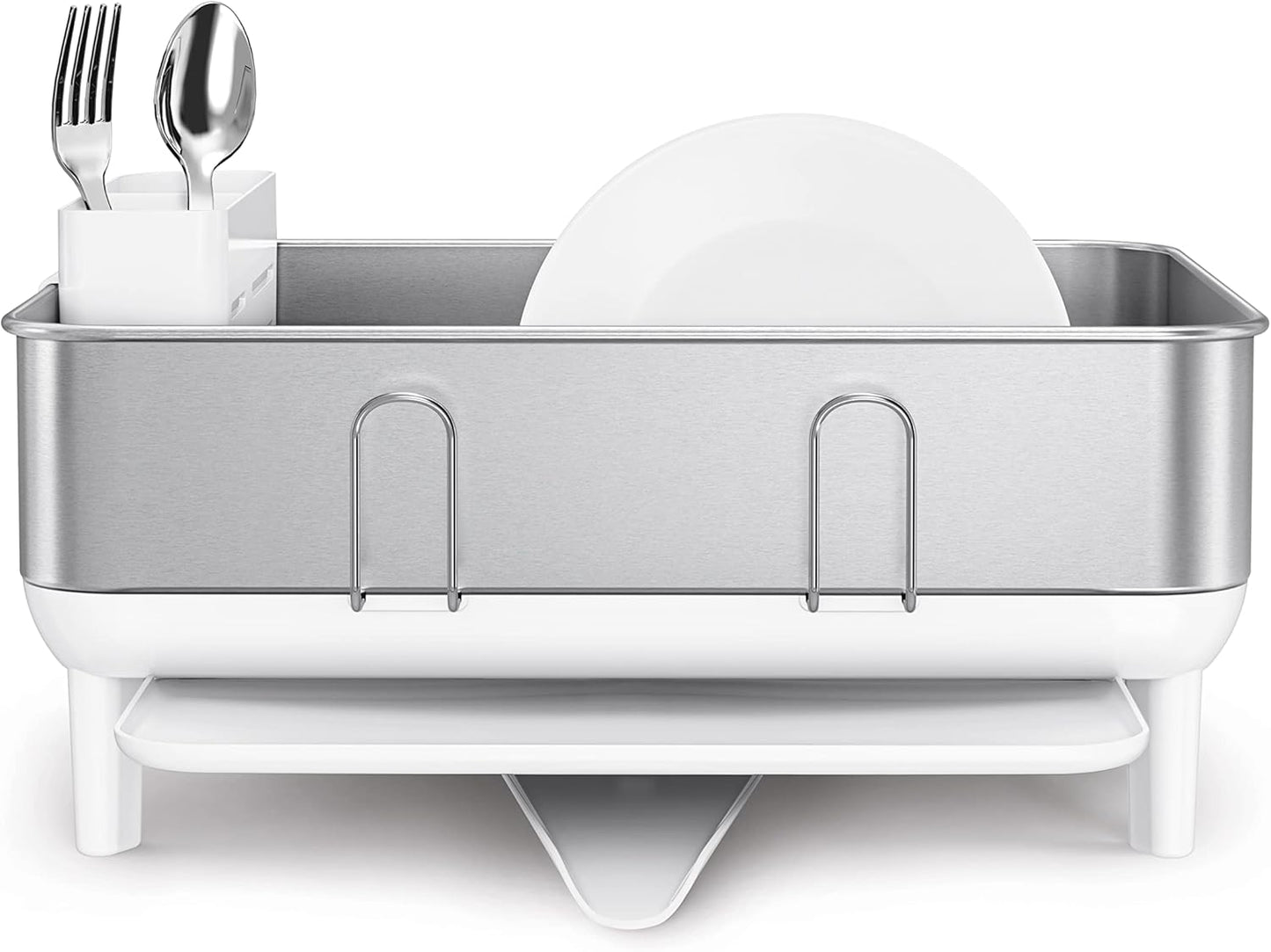 simplehuman Compact Dish Drying Rack - Swivel Spout, Fingerprint-Proof Stainless Steel, White Plastic