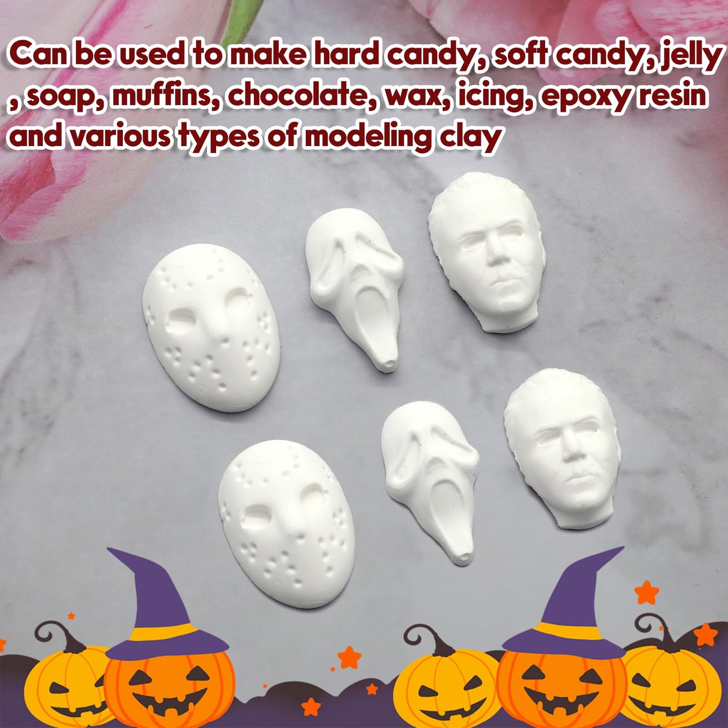 2 Pcs Halloween Chocolate Mold Pink Silicone Molds Halloween Theme Food Grade Chocolate Candy Moulds 3D Skull Scary Movie Characters Designs Homemade Prank Chocolate Mold for Halloween Party Decor
