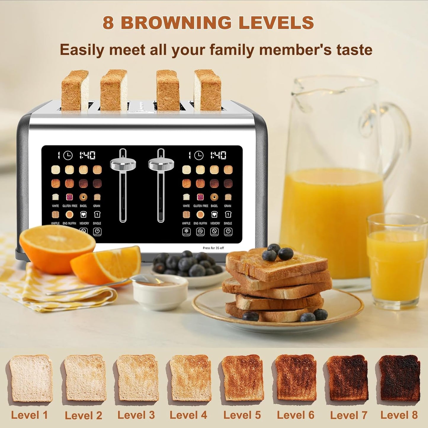 Skiennix 4-Slice Toaster - Touch Screen Control, 8 Shade Settings, Dual Panel, 1650W - Grey Finish
