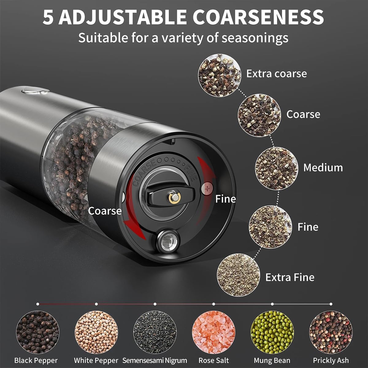 Skiennix Electric Salt and Pepper Grinder Set - Rechargeable Stainless Steel Mills with LED Light & Adjustable Coarseness
