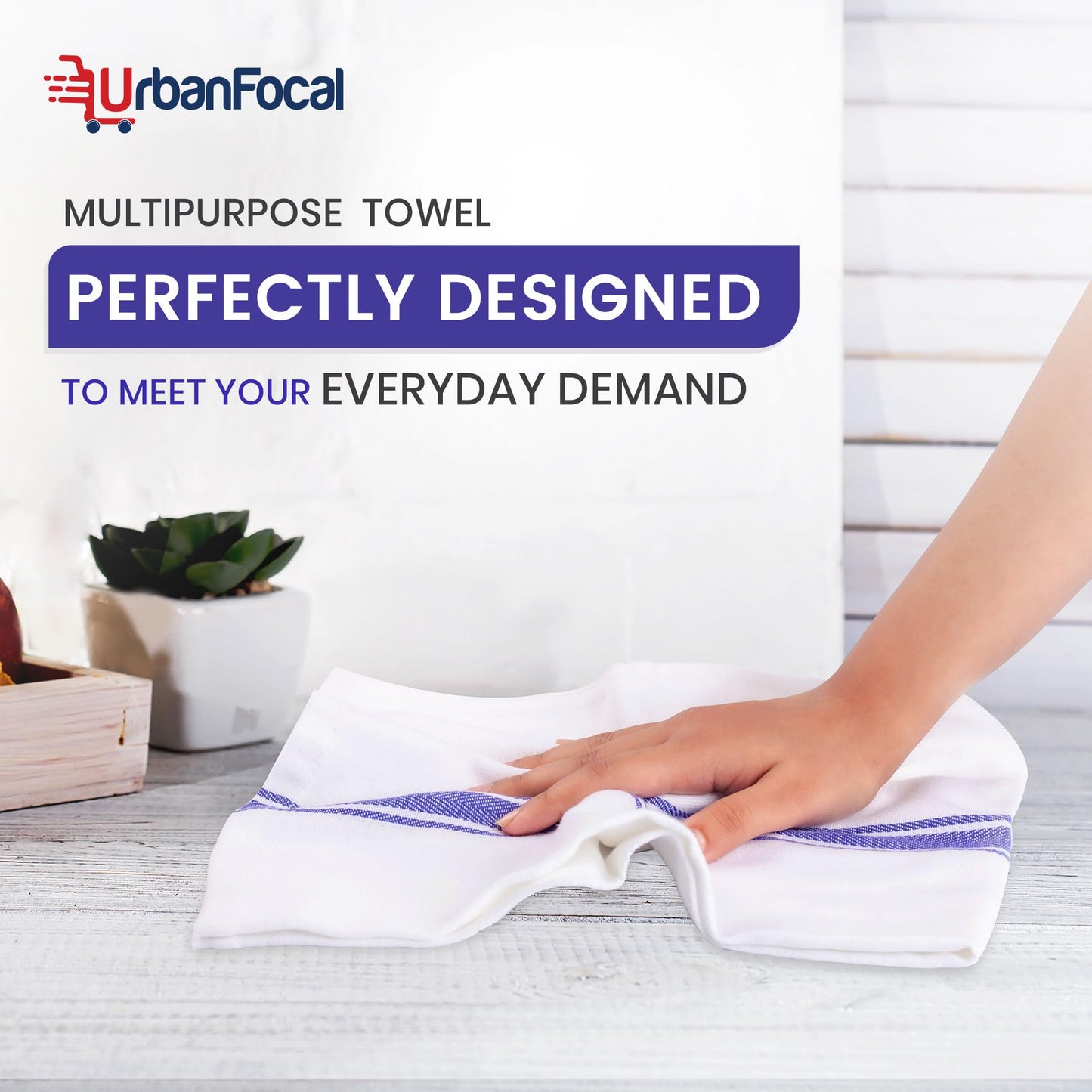 UrbanFocal Washable Kitchen Dish Towels - 100% Cotton Super Absorbent 12 Pack Reusable Cleaning Towel for Dishes | White with Blue Stripe, 14 x 26