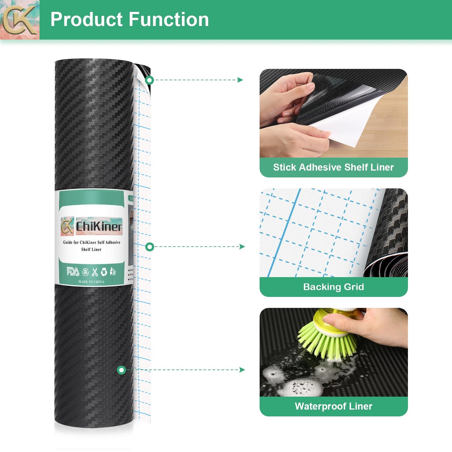 Self-Adhesive Shelf Liner Kitchen Liner, Waterproof Backed Paper Easy Peel and Stick Contact Liner Without Residue for Decor Your Desk Surface, Kitchen Countertops (Black, 23.6 x 236.2 inches)