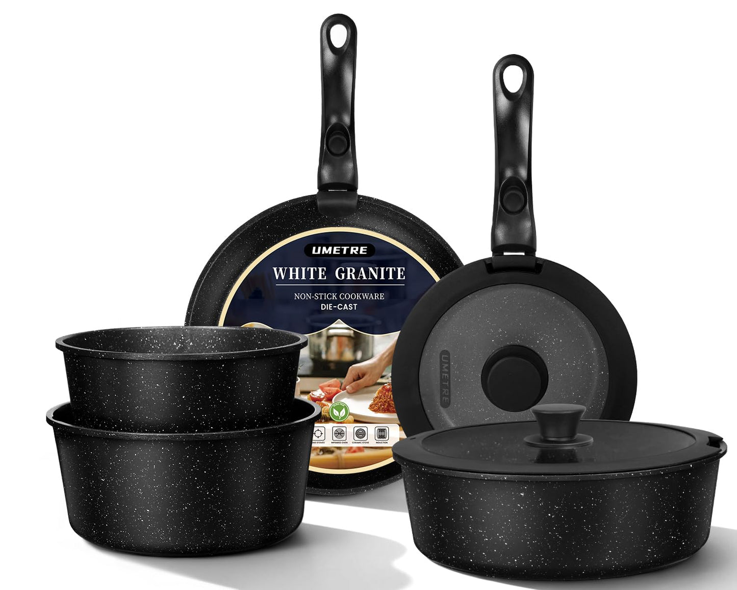 UMETRE pots and Pans Set, Nonstick Cookware Set Detachable Handle, Induction Kitchen Cookware Sets with Removable Handle, Non Stick RV Cookware Set, Dishwasher ＆ Oven Safe (9 PCS)