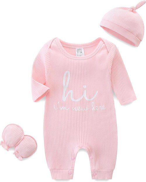 Babymine Newborn Unisex Baby Clothes - Long Sleeve Onesie Outfit with Mittens & Hat | 0-3 Months