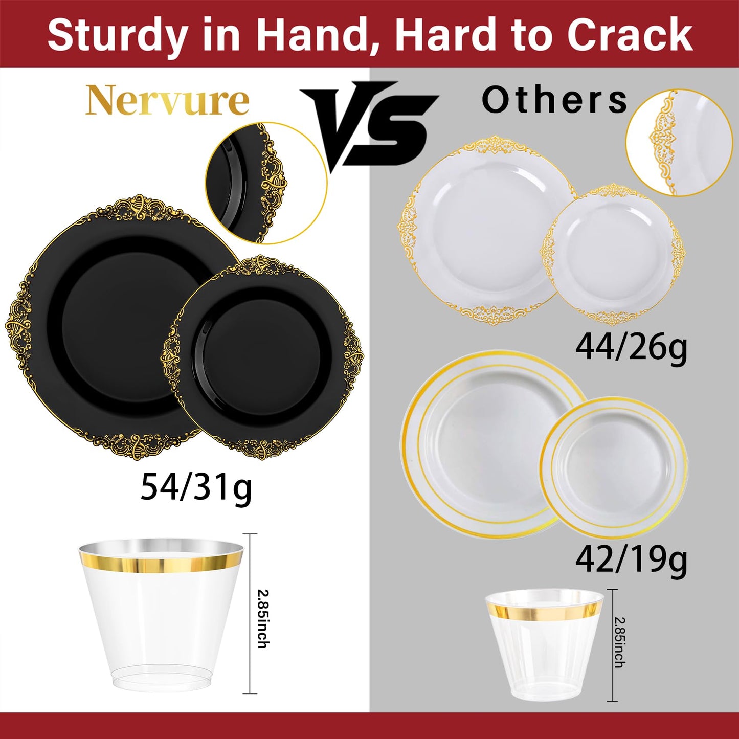 Nervure 175PCS Black Plastic Plates - Disposable Black Gold Party Plates & Pre Rolled Napkins with Cutlery for 25 Guests, 50Plates, 75Silverware, 25Cups, 25Napkin for Wedding & Party