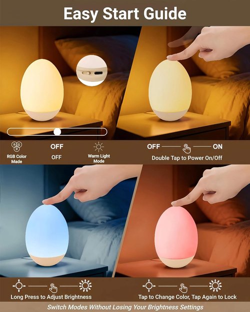 Egg Baby Night Light - Portable Touch Lamp with 7 RGB Colors & Stepless Dimming | Rechargeable BPA-Free Silicone for Nursery & Kids