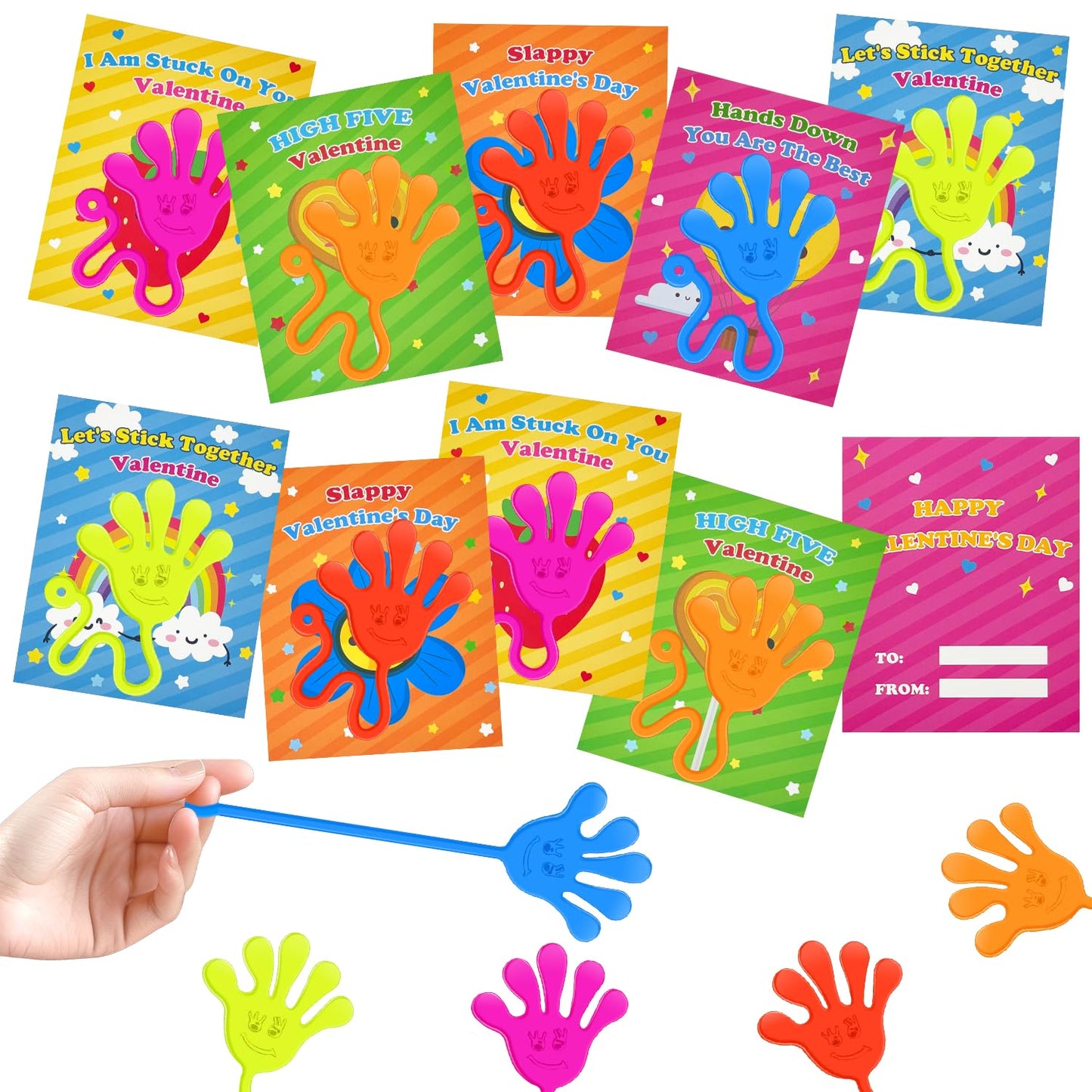 Preschool Valentines Day Gifts for Kids Classroom,28 Pack Valentine Sticky Slappy Hands Toys with Exchange Cards,Valentine Non Candy Party Favors,School Classroom Treats & Prizes for Toddler Boys Girl