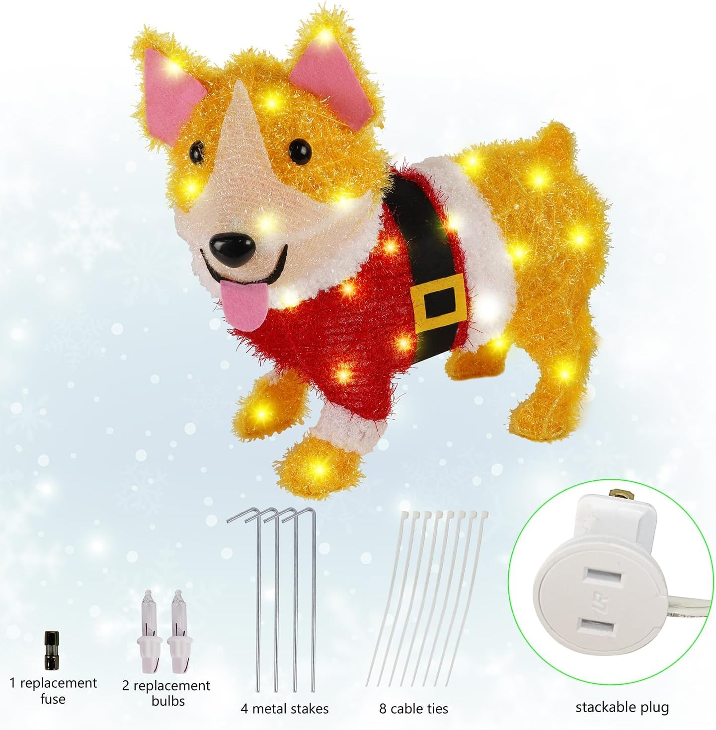 WATERGLIDE 17-Inch Lighted Christmas Dog Decoration - Pre-Lit 3D Tinsel Puppy for Indoor & Outdoor Holiday Decor
