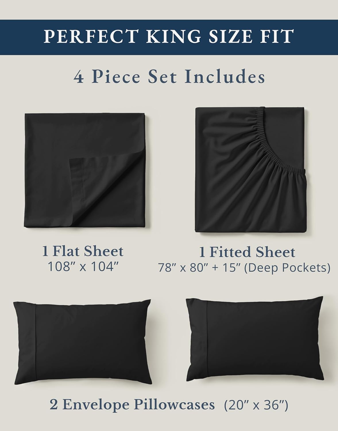 LANE LINEN King Size Organic Cotton Bed Sheets - Soft, Comfy Percale Bedding Set | Black Color